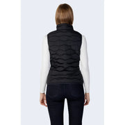 Ea7 women’s black quilted puffer vest with high collar and zip pockets featuring horizontal stitching pattern