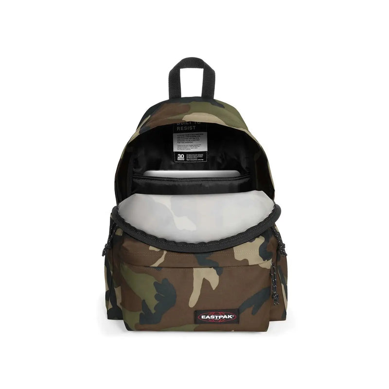 Sac à dos Eastpak camouflage pour homme, avec bordures noires et doublure intérieure blanche, vue de face