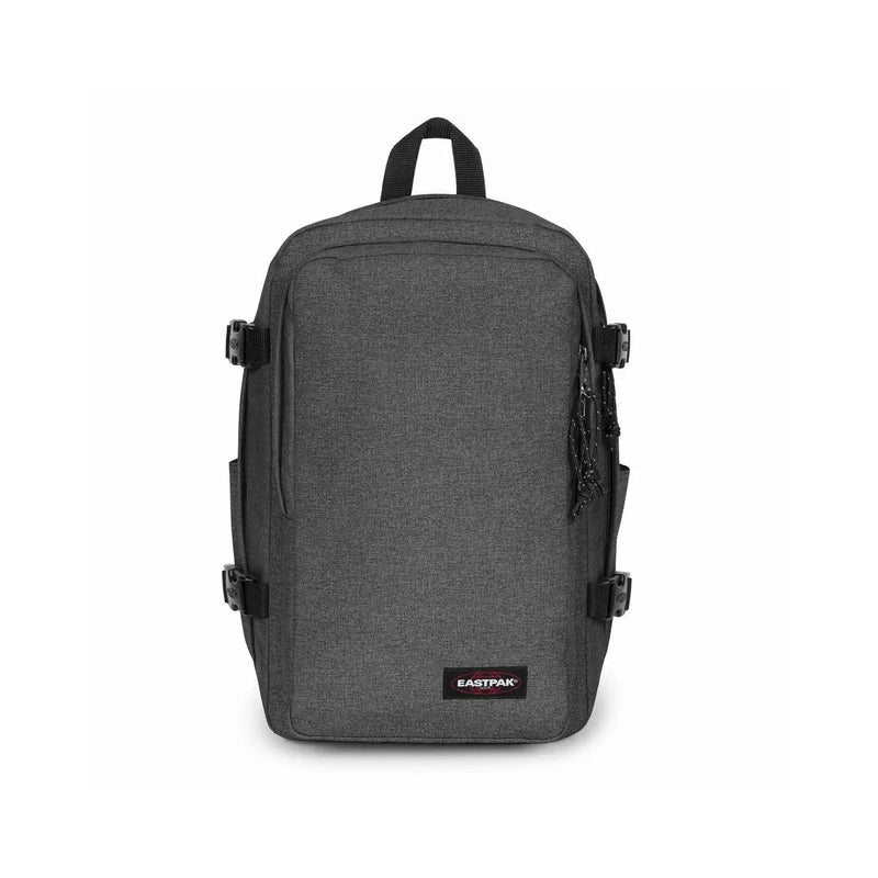 Sac à dos Eastpak pour homme, gris texturé, noir, fermetures éclair et boucles noires, en polyamide, dimensions 40 x 25 x 20 cm.