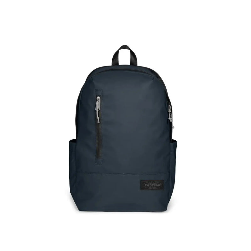 Sac à dos Eastpak pour homme en polyester bleu marine avec poches, fermetures éclair noires et écusson de la marque.