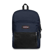 Sac à dos Eastpak pour homme en polyester bleu marine avec empiècement en maille noire et tirettes de fermeture éclair, dimensions : 42 x 32 x 25,5 cm.