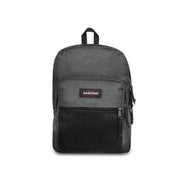 Sac à dos Eastpak gris texturé pour homme, en polyester avec empiècements en maille noire et fermetures éclair pour un rangement organisé.
