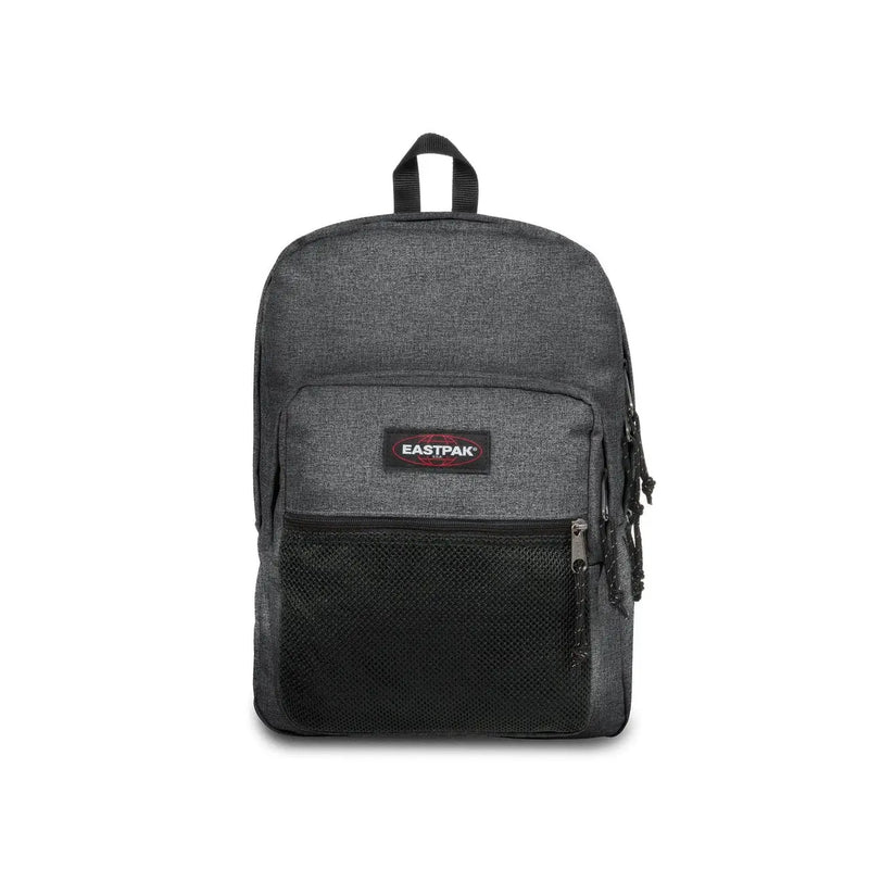 Sac à dos Eastpak gris texturé pour homme, en polyester avec empiècements en maille noire et fermetures éclair pour un rangement organisé.