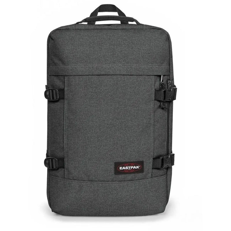 Sac à dos Eastpak pour homme en polyester texturé gris foncé, avec poches, boucles noires et petit logo.