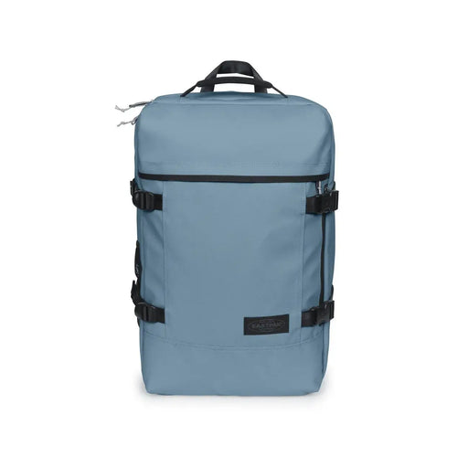 Eastpak men purple polyester rucksack with pockets and black straps shown from the back side in light blue color