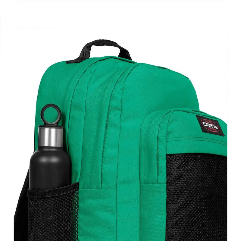 Sac à dos Eastpak pour homme, vert vif, en polyamide, avec poches latérales en filet noir et une poche zippée au design moderne.
