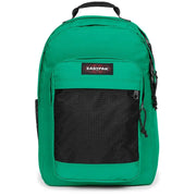 Sac à dos Eastpak pour homme en polyamide vert vif avec poche avant en filet noir et bretelles noires contrastantes.