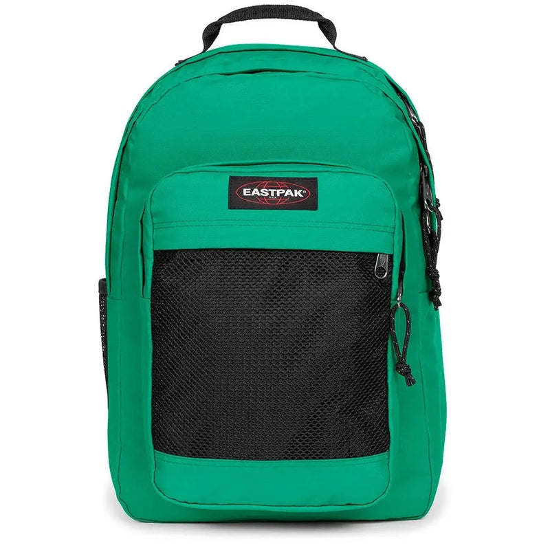 Sac à dos Eastpak pour homme en polyamide vert vif avec poche avant en filet noir et bretelles noires contrastantes.