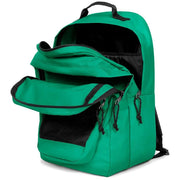 Sac à dos Eastpak pour homme, en polyamide vert vif, fermetures éclair noires et doublure en maille visible au dos.