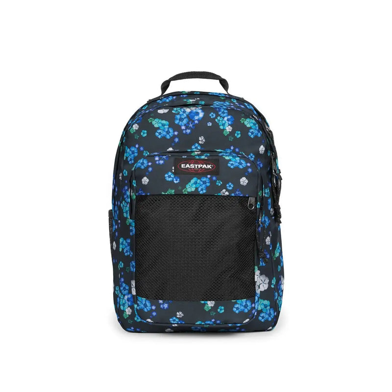 Sac à dos Eastpak pour homme, en polyamide vert, à motif floral bleu foncé, avec poche en filet noir et écusson logo Eastpak.