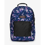 Sac à dos Eastpak pour homme en polyamide bleu marine à motif floral rose et blanc, empiècements en maille noire et fermetures éclair.