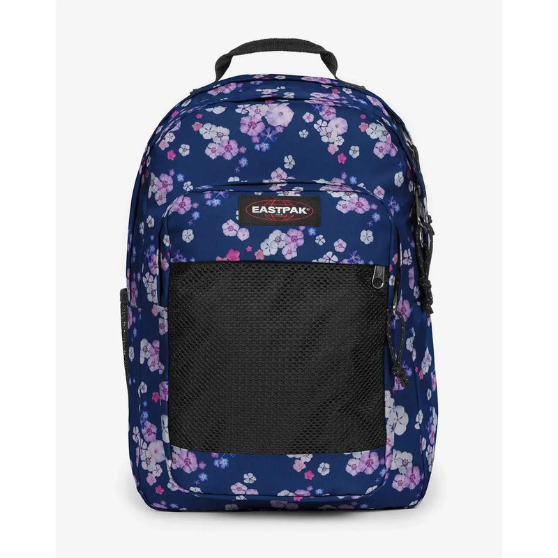 Sac à dos Eastpak pour homme en polyamide bleu marine à motif floral rose et blanc, empiècements en maille noire et fermetures éclair.
