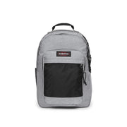 Sac à dos Eastpak gris pour homme, avec empiècement en maille noire et tirettes de fermeture éclair en polyamide vert, avec poche zippée.