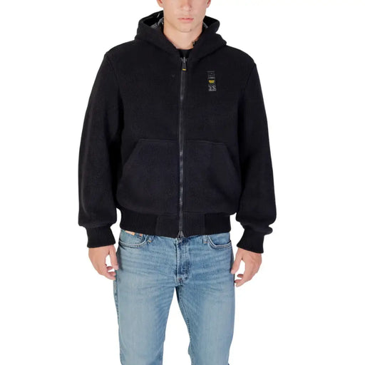 Men’s black hooded zip-up fleece jacket with front pockets and ribbed cuffs