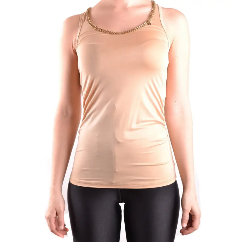 Elisabetta Franchi beige sleeveless round neck tank top with gold chain neckline
