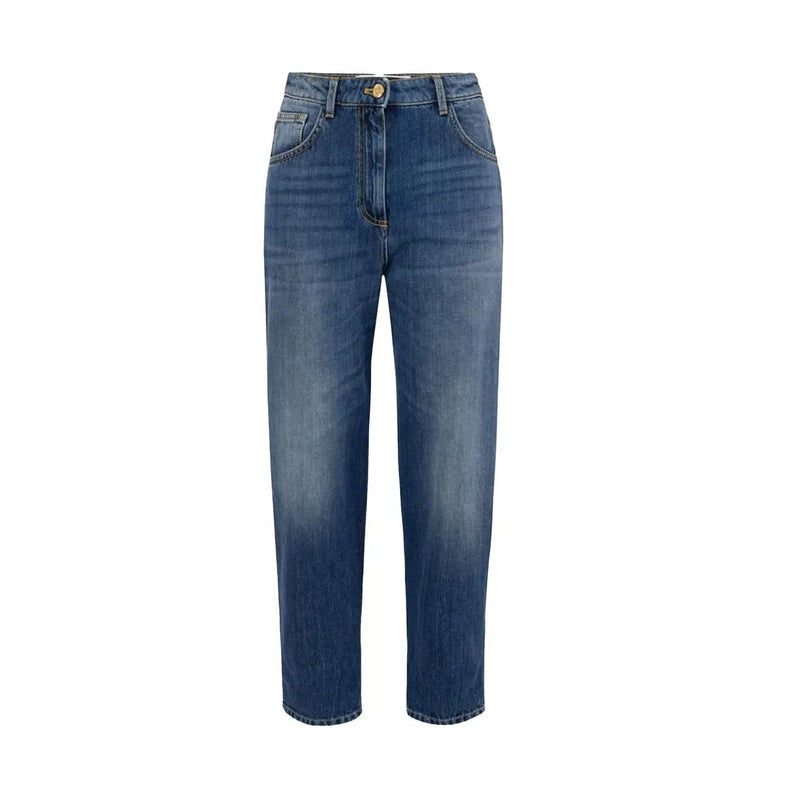 Jean taille haute pour femme Elisabetta Franchi en denim de coton bleu délavé, coupe droite