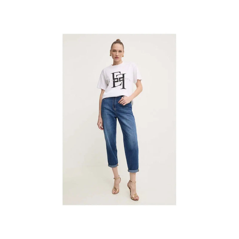 Jean Elisabetta Franchi pour femme, en denim de coton bleu, avec ourlets roulés pour un look décontracté et élégant.