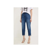 Jean Elisabetta Franchi pour femme, en denim de coton bleu, taille haute, coupe droite et ourlets roulés.