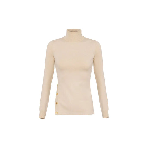 Pull à col roulé beige en maille pour femme Elisabetta Franchi, manches longues et boutons latéraux dorés