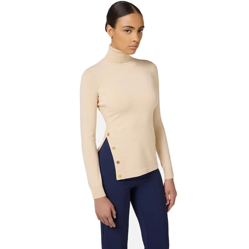 Beige Elisabetta Franchi women knitwear high neck sweater with side slit and gold-tone buttons in soft material