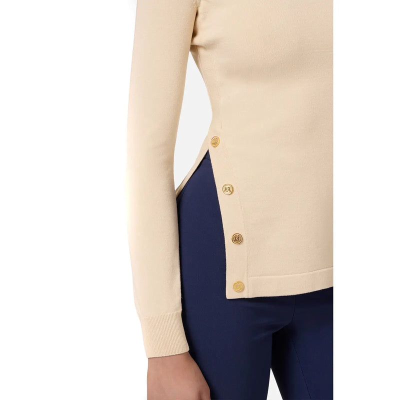 Beige knit cardigan with gold-toned buttons and side slit featured in Elisabetta Franchi women knitwear collection