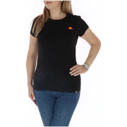 Black ellesse women cotton short sleeve t shirt with a small orange and yellow logo on the left chest