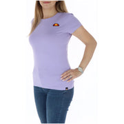 Lavender ellesse women cotton short sleeve round neck t shirt with colorful sun logo and small brand tag at the hem