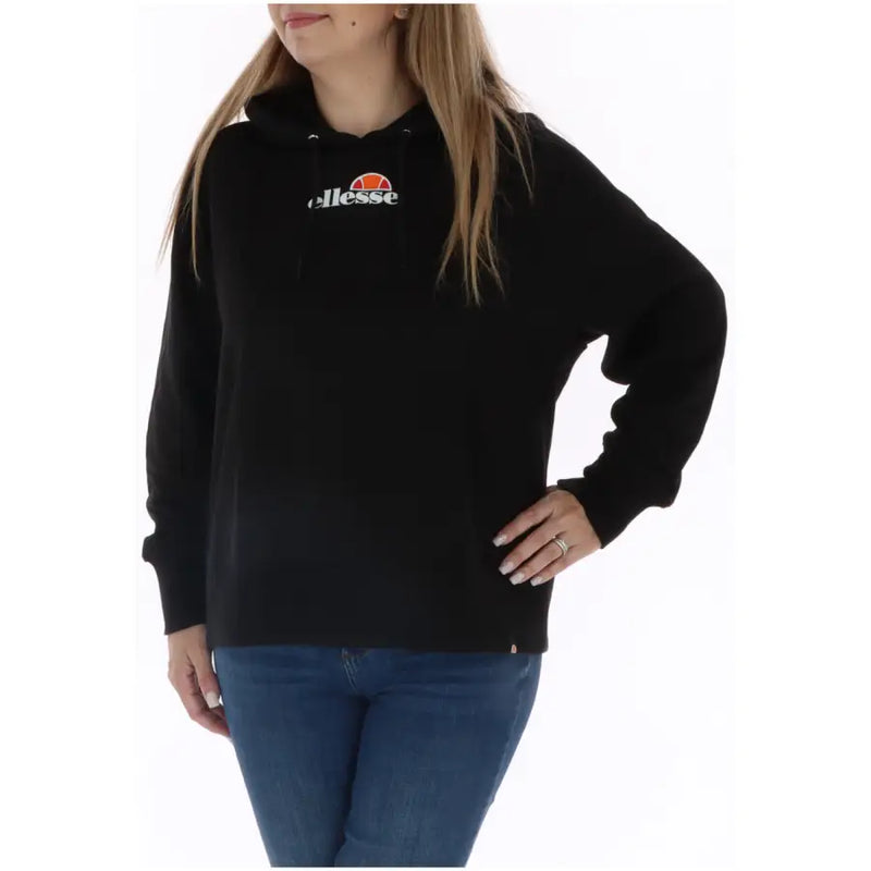 Ellesse women’s black printed hooded sweatshirt with white and orange logo on the chest made from soft fabric