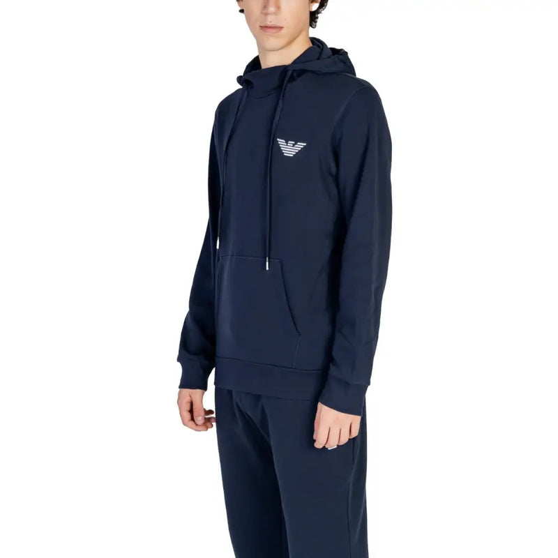 Men’s navy blue hoodie and sweatpants set with white embroidered logo for Emporio Armani Blue Hooded Mens Sweatshirt