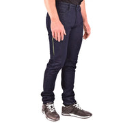 Jean Emporio Armani pour homme en denim bleu foncé avec fermeture éclair latérale vert fluo, vue de profil
