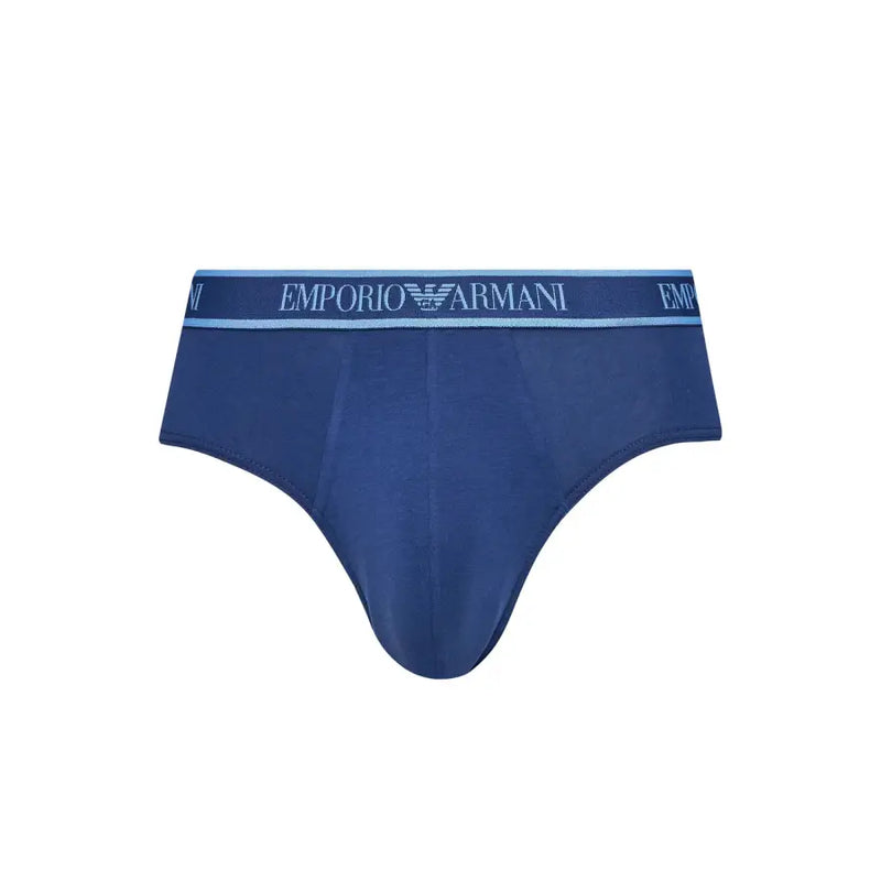 Dark blue emporio armani briefs with a light blue waistband and white logo for men fall winter underwear collection