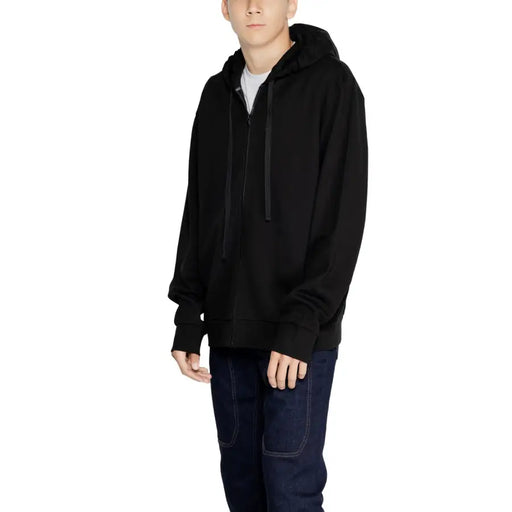 Men’s black zip-up hoodie from Emporio Armani featuring a full-zip design and hood