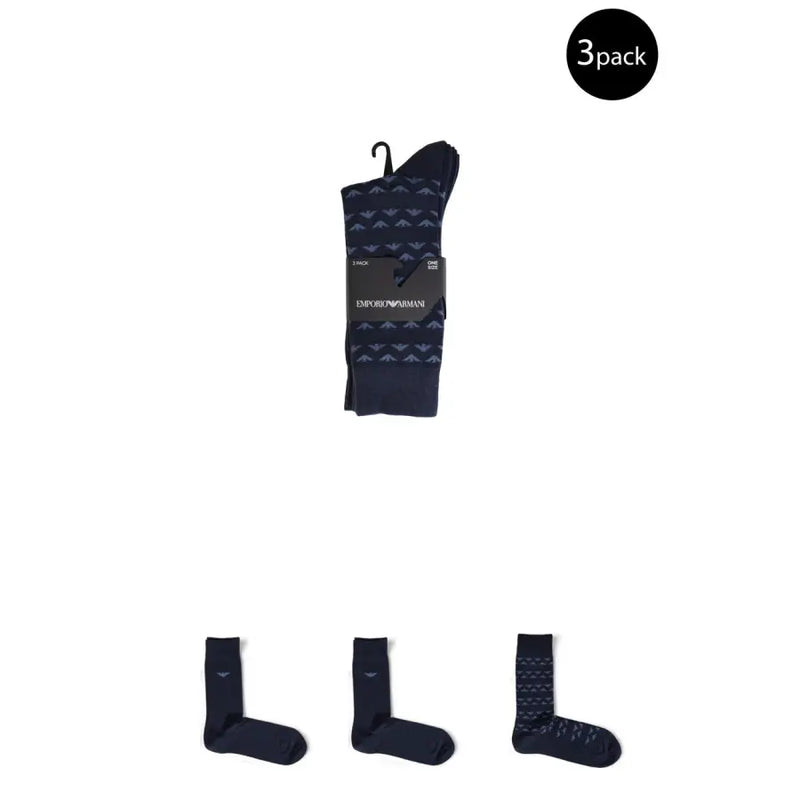 Three-pack of dark blue men’s socks with solid and patterned designs in Emporio Armani packaging