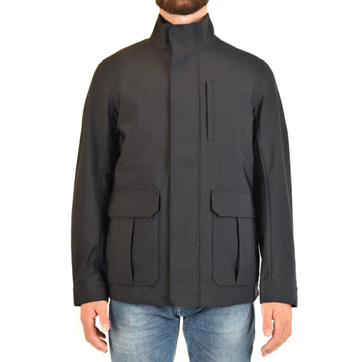Veste homme noire élégante et moderne, à col montant et grandes poches à rabat, en polyester bleu Emporio Armani, style blazer zippé.