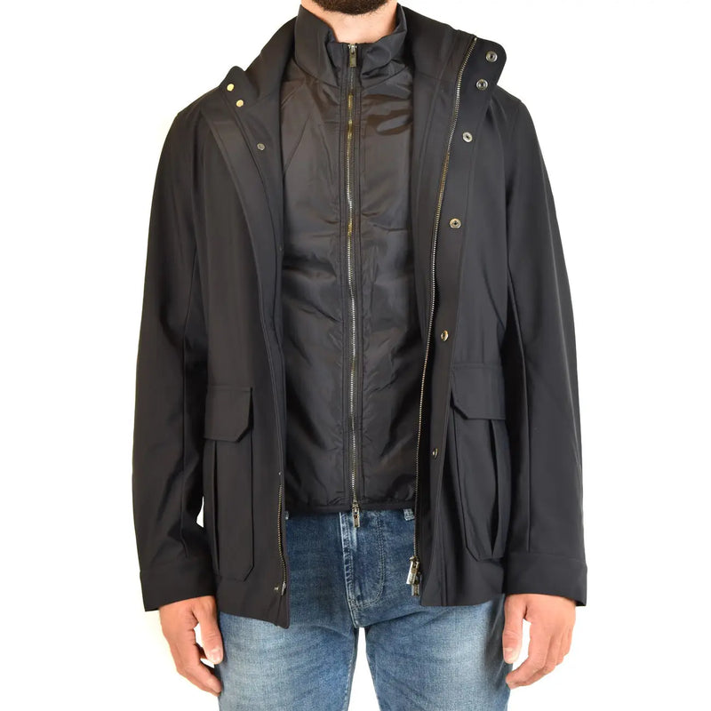 Blazer Emporio Armani pour homme en polyester bleu zippé avec veste à capuche noire ornée de fermetures éclair et de boutons dorés.