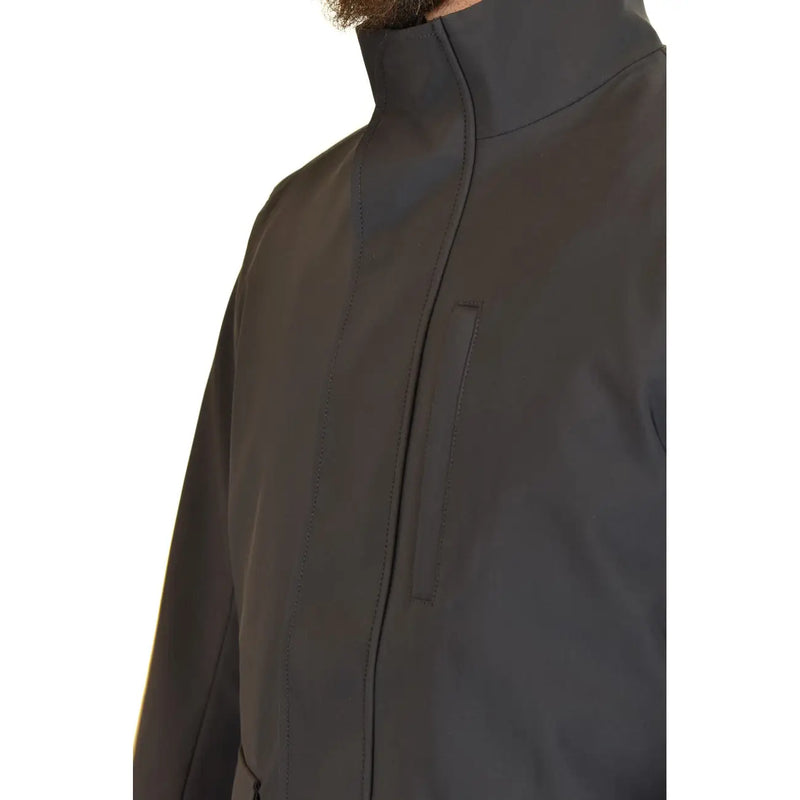 Blazer zippé bleu Emporio Armani pour homme, en polyester gris foncé, avec un col montant élégant et des détails de coutures discrets.