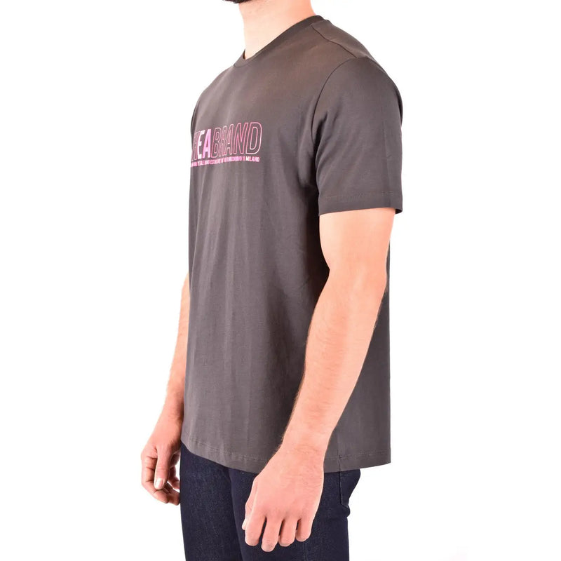 T-shirt Emporio Armani pour homme en coton gris foncé, orné du logo Kea en rose sur la poitrine.