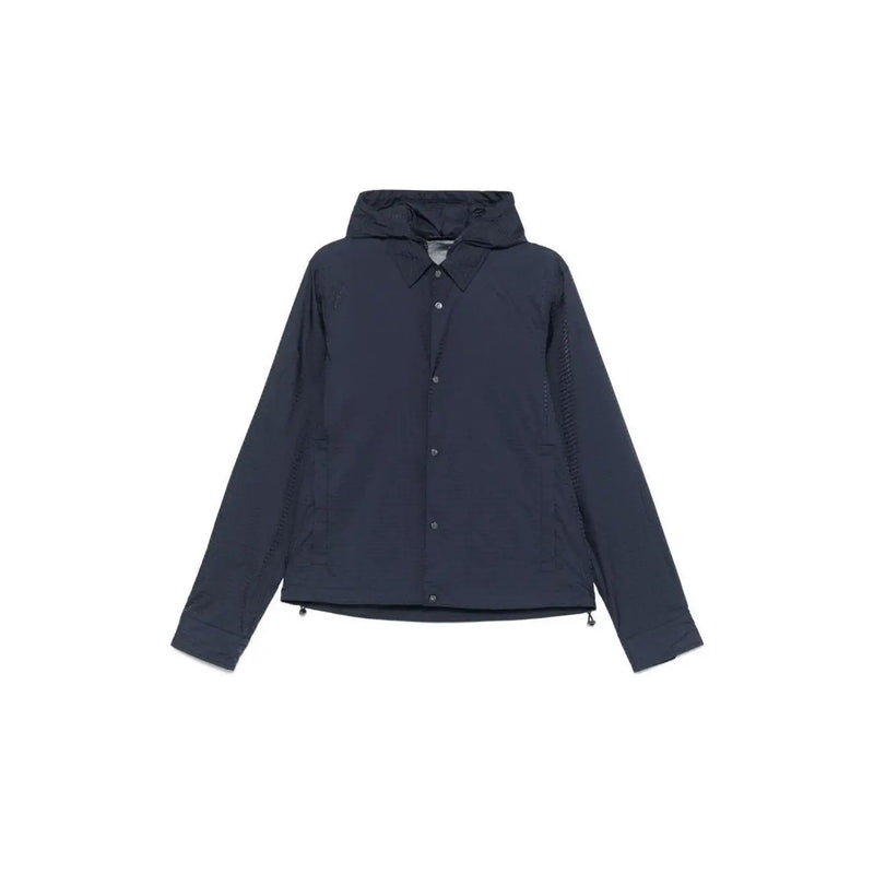 Veste Emporio Armani pour homme, bleu marine foncé, fermeture éclair sur le devant, construction en polyamide et empiècements texturés aux manches, idéale pour le printemps-été.