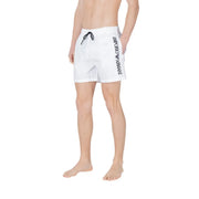 Maillot de bain homme Emporio Armani, short de bain blanc en polyamide avec cordon de serrage noir et logo latéral.