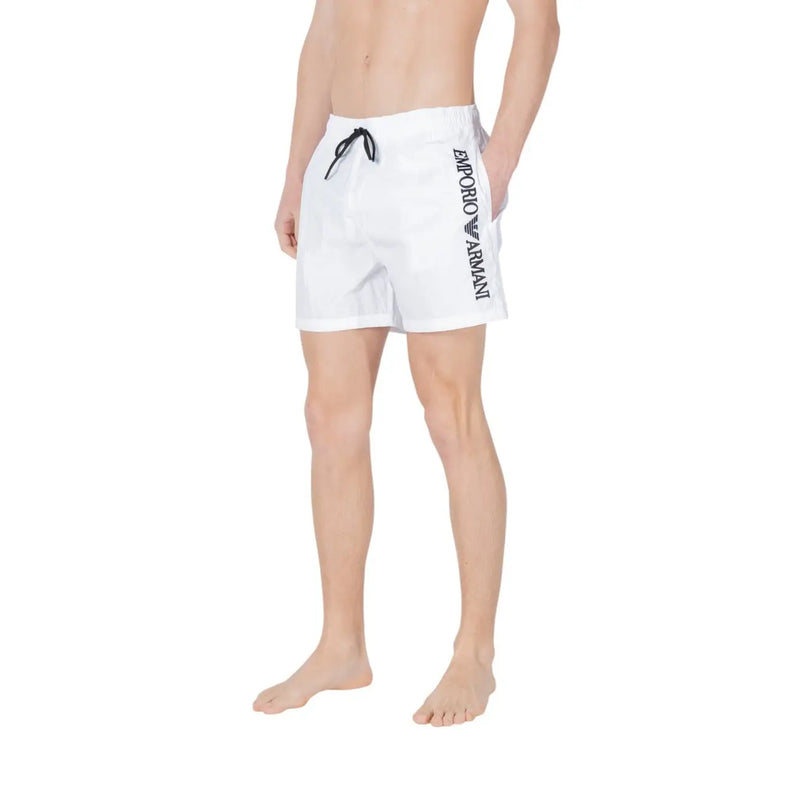 Maillot de bain homme Emporio Armani, short de bain blanc en polyamide avec cordon de serrage noir et logo latéral.