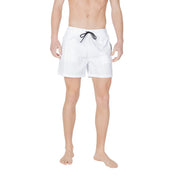White Emporio Armani men swimwear polyamide trunks with black drawstring and subtle side branding