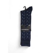 Dark blue patterned socks with hanger packaged for Emporio Armani Mens Black Printed Cotton Underwear