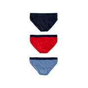 Emporio armani men’s blue print underwear featuring three matching navy red and light blue briefs with black elastic waistbands