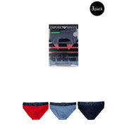 Emporio Armani men’s blue print underwear three-pack briefs in red light blue and navy with branded waistbands