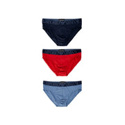 Set of three emporio armani men’s briefs in navy red and light blue with logo elastic waistbands for comfortable wear