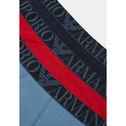 Emporio armani men’s blue print underwear with black and red striped waistband and gray repeating logo lettering