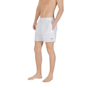 Emporio Armani men swimwear white lace polyester shorts with drawstring waistband and logo on lower left leg