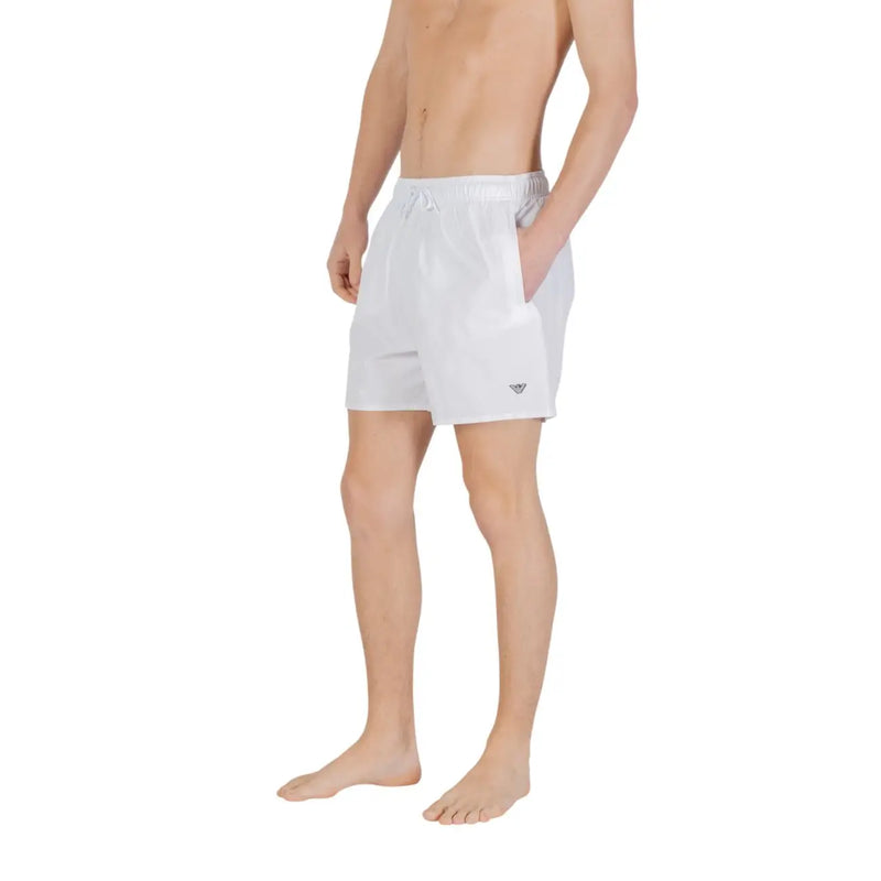 Emporio Armani men swimwear white lace polyester shorts with drawstring waistband and logo on lower left leg