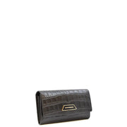 Portefeuille Emporio Armani pour femme en cuir noir, orné d'un motif crocodile noir et d'une plaque logo dorée à boutons.