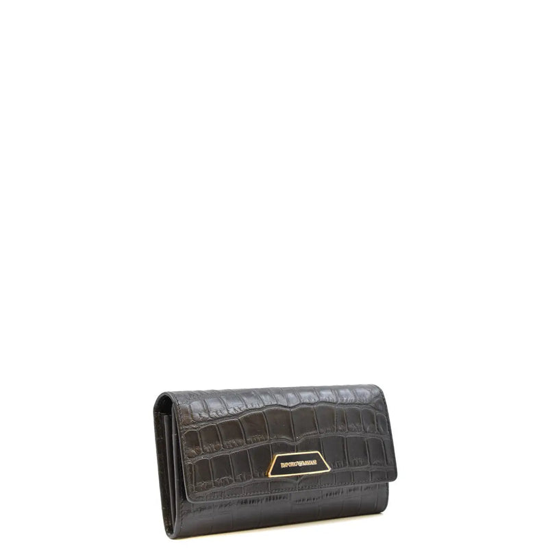 Portefeuille Emporio Armani pour femme en cuir noir, orné d'un motif crocodile noir et d'une plaque logo dorée à boutons.